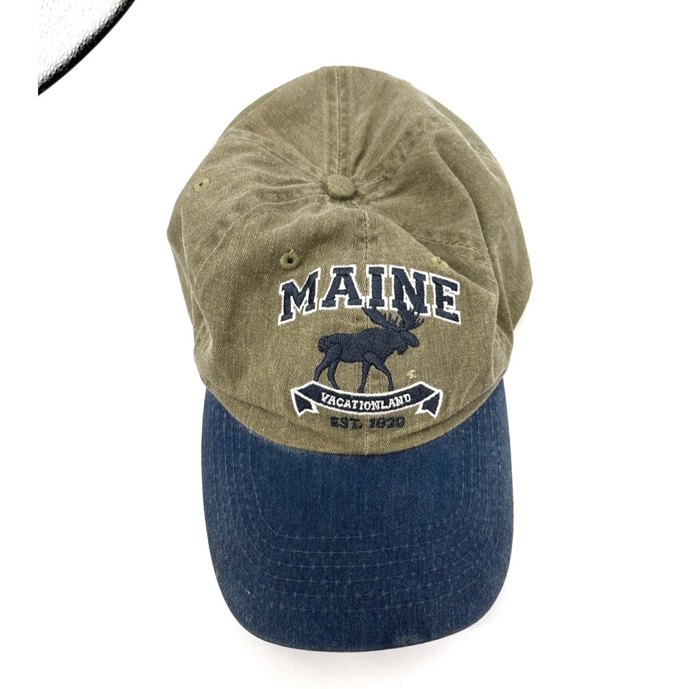 Maine Scene Maine Baseball Hat Cap Green Blue Moose‎ Adjustable